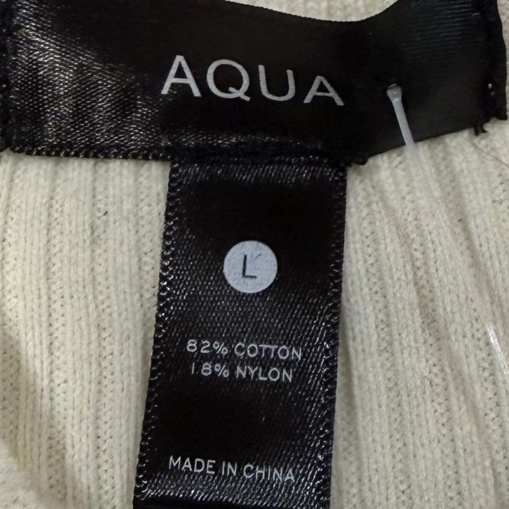 Aqua L Organic Cream Ribbed Mock Neck Feather Cuff Sweater Glam Statement NWT - Picture 5 of 9